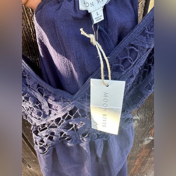 NWT Moon River Navy Blue Cotton Lace Tie Back Maxi Dress with Adjustable Straps - Picture 7 of 10